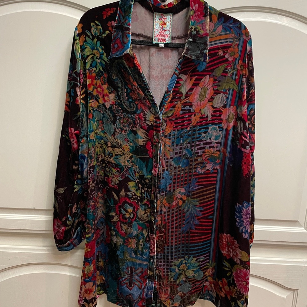 Johnny Was Velvet button down blouse tunic 1X